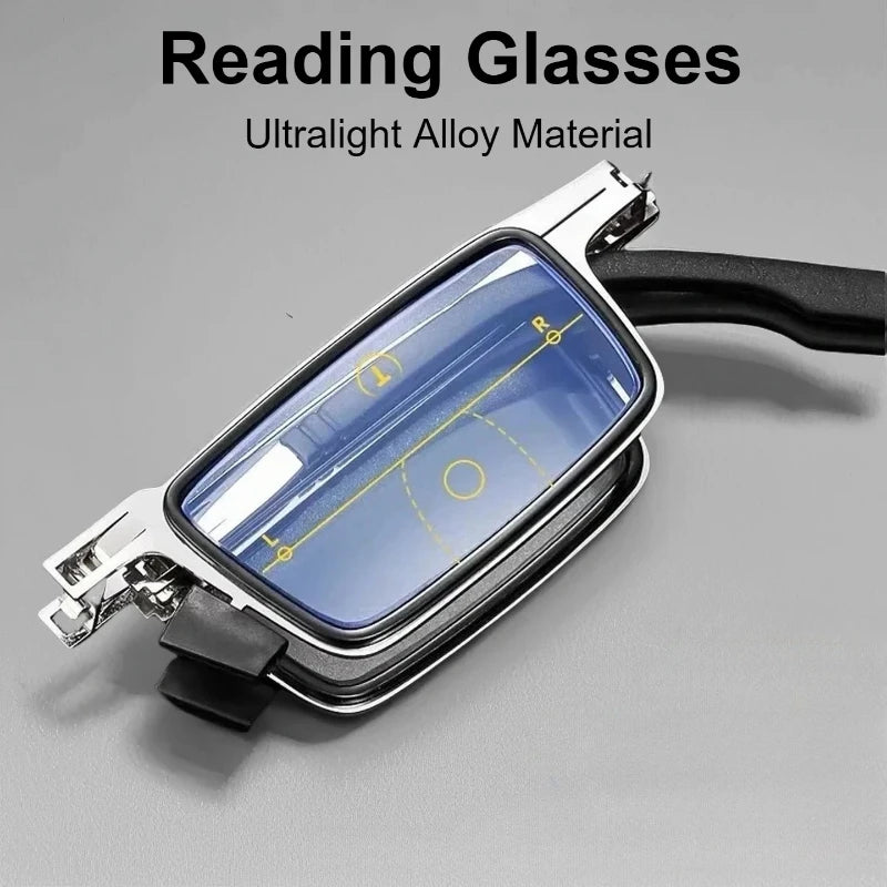 Unisex Folding Reading Glasses Transparent Lenses Full Metal Frame Anti Blue Light Comes with Case for Men and Women